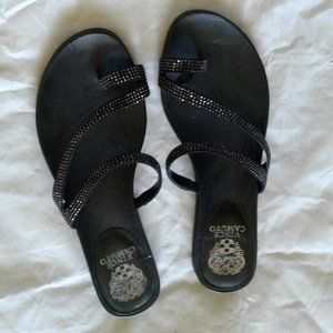 BLACK, EMBELLISHED STRAPS, TOE THONG, SANDAL, LADIES SIZE 9.5 M